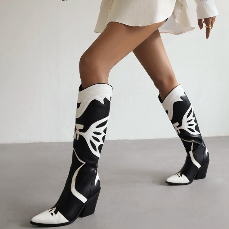 Western Cowboy Women's Knee High Boots Pointed Toe Crude Heel Slip On Female Embroidered Party Long Boots Women Shoes