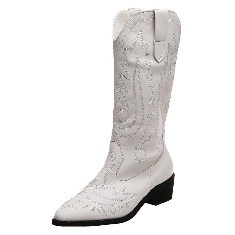 Suede Leather embroidery Square Heels Short Boots Women Pointed Toe Slip-on Western Cowboy Boots Woman Designer Embroider Booti