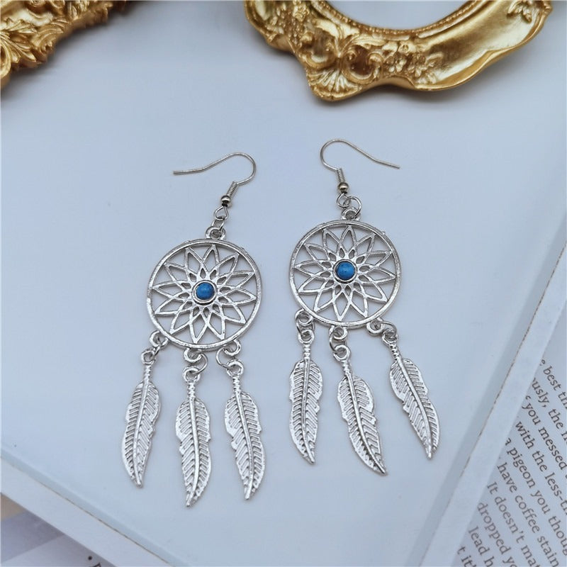 Dream Catcher Feather Turquoise Drop Earrings
