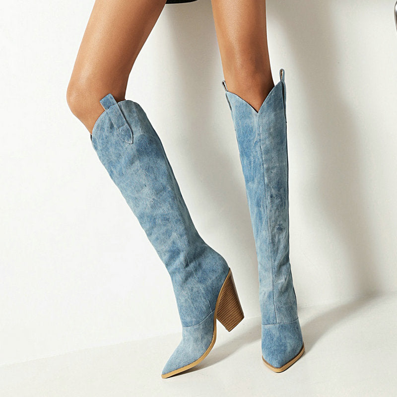 Fashion Denim Western Women Knee High  Boots Wedges High Heel Cowboy Boots Slip On Autumn Winter Shoes Big Size 34-43