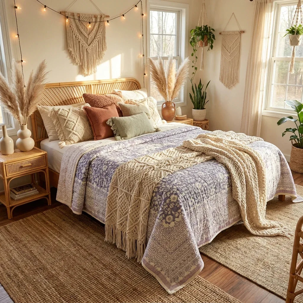 Cream & Sage Green Floral Jaipur Indian Hand Block Print Quilted Comforter