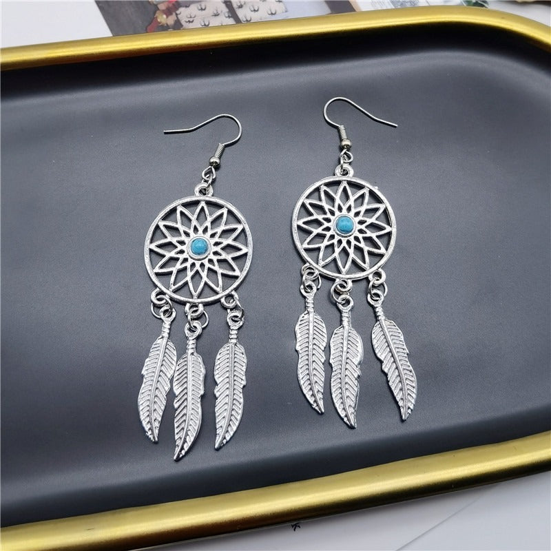 Dream Catcher Feather Turquoise Drop Earrings