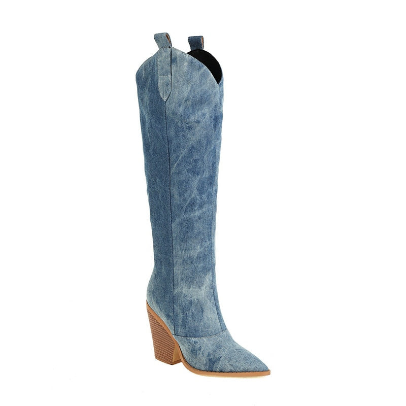 Fashion Denim Western Women Knee High  Boots Wedges High Heel Cowboy Boots Slip On Autumn Winter Shoes Big Size 34-43