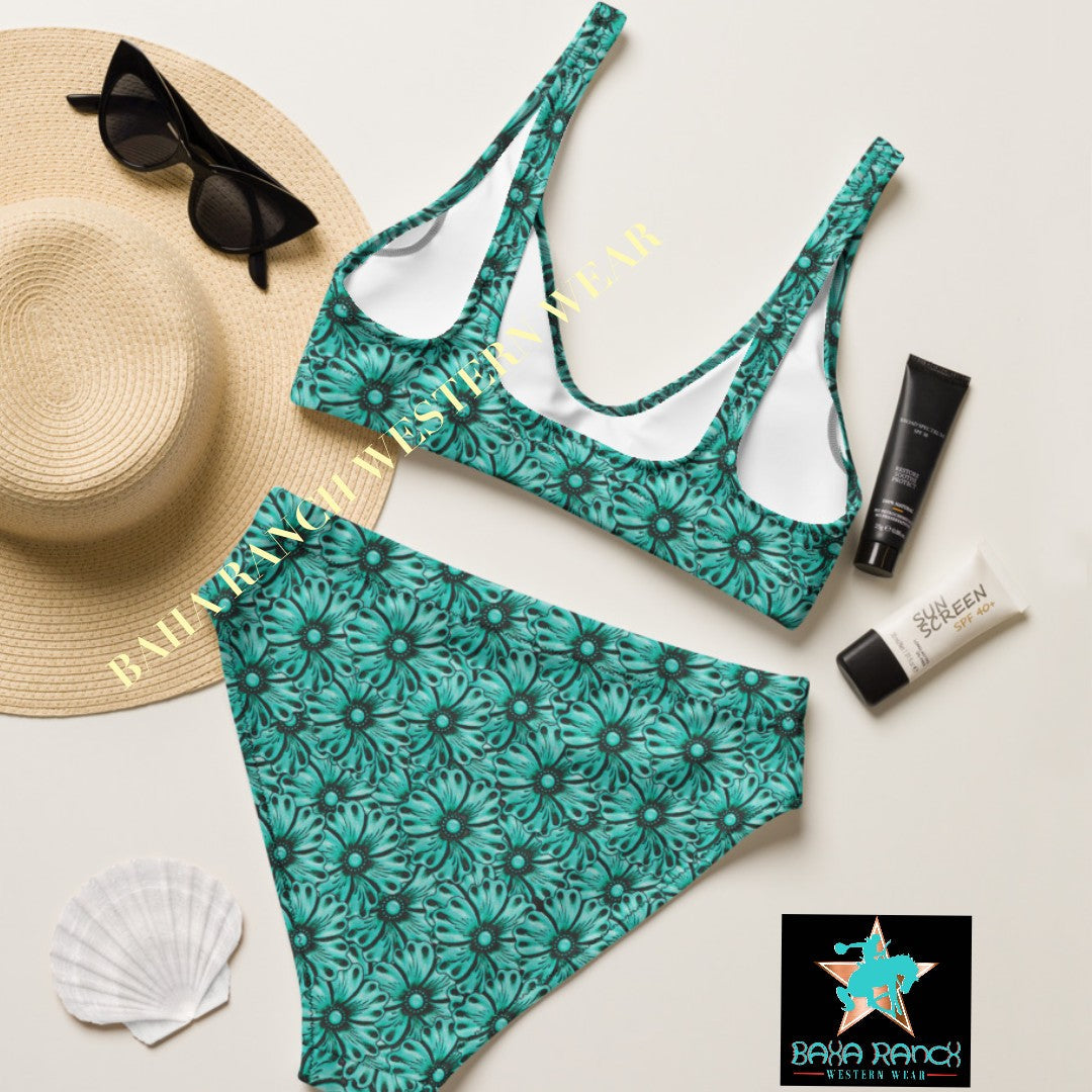 Baha Ranch Yeehaw Turquoise Floral Leather Print Bikini