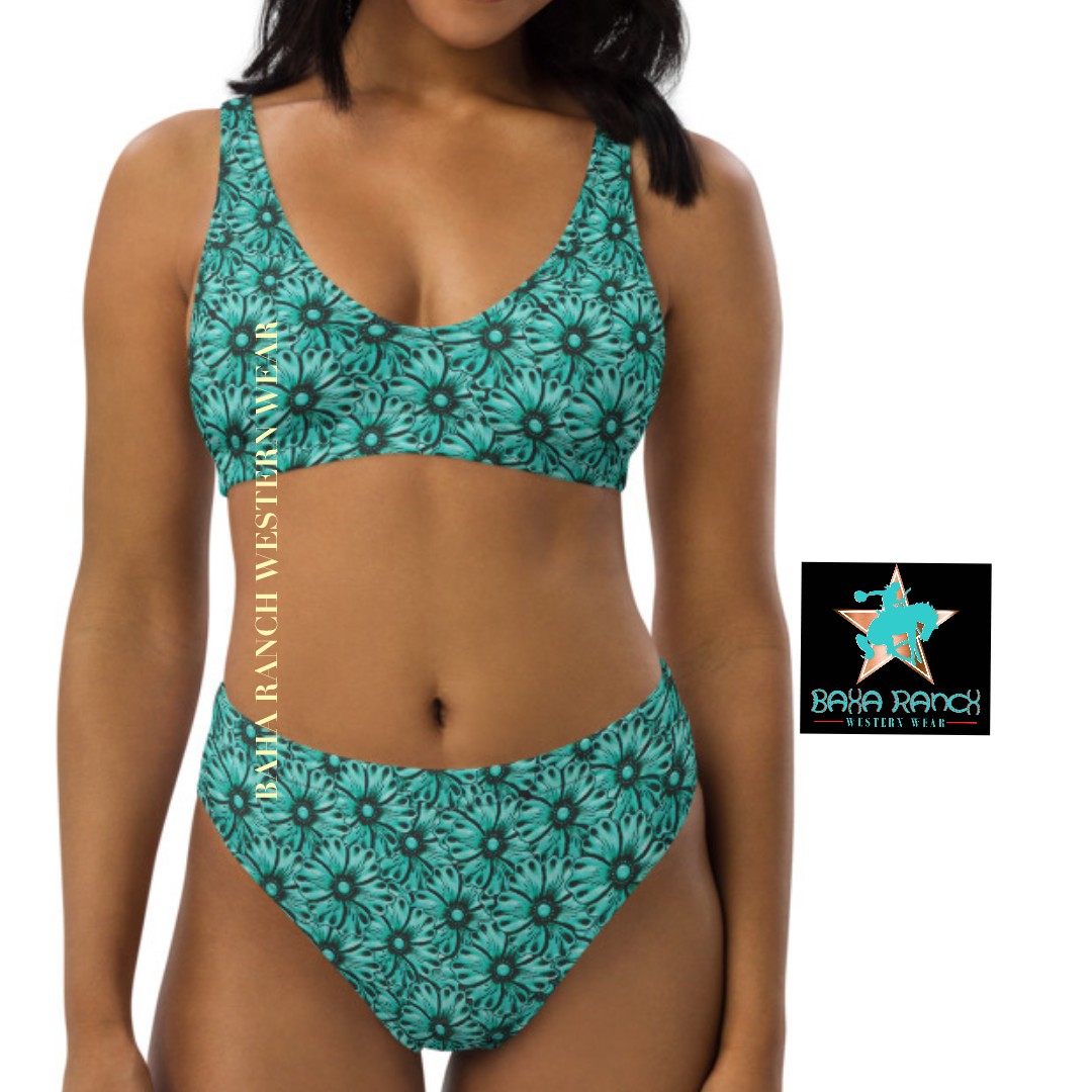 Baha Ranch Yeehaw Turquoise Floral Leather Print Bikini