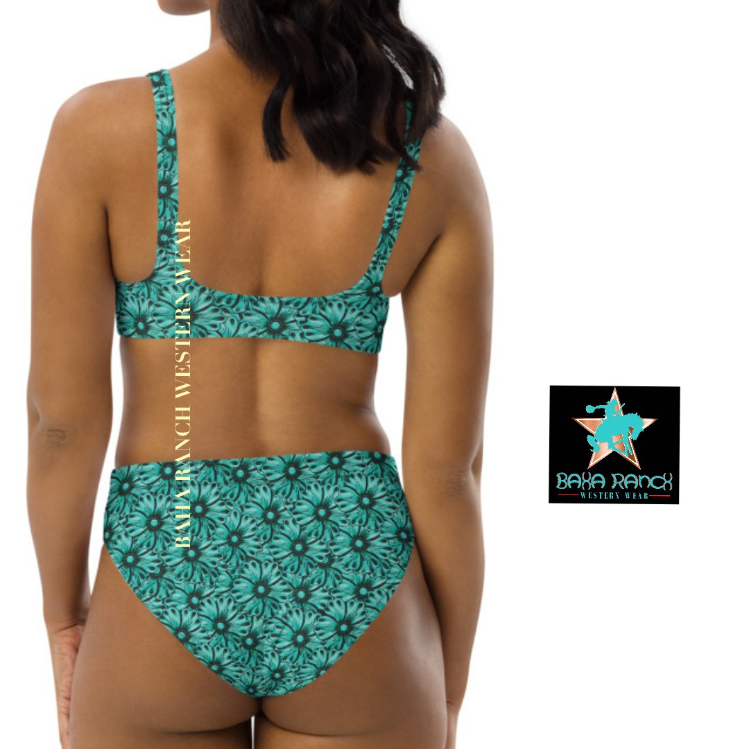Baha Ranch Yeehaw Turquoise Floral Leather Print Bikini