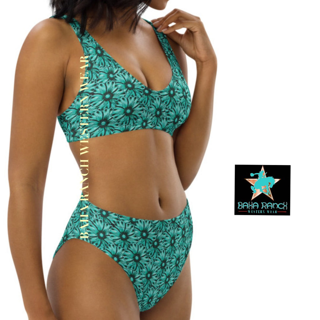 Baha Ranch Yeehaw Turquoise Floral Leather Print Bikini