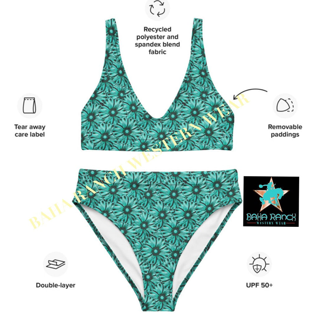 Baha Ranch Yeehaw Turquoise Floral Leather Print Bikini
