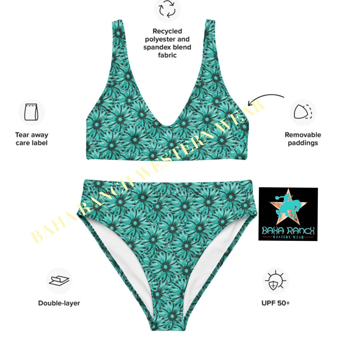 Baha Ranch Yeehaw Turquoise Floral Leather Print Bikini