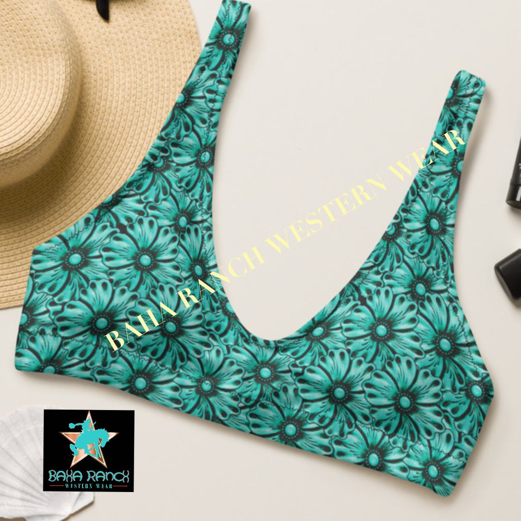 Baha Ranch Yeehaw Turquoise Floral Leather Print Bikini Top
