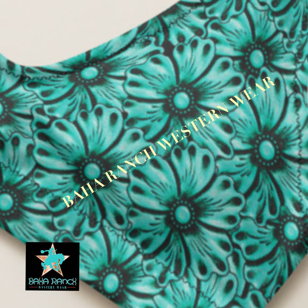 Baha Ranch Yeehaw Turquoise Floral Leather Print Bikini Top