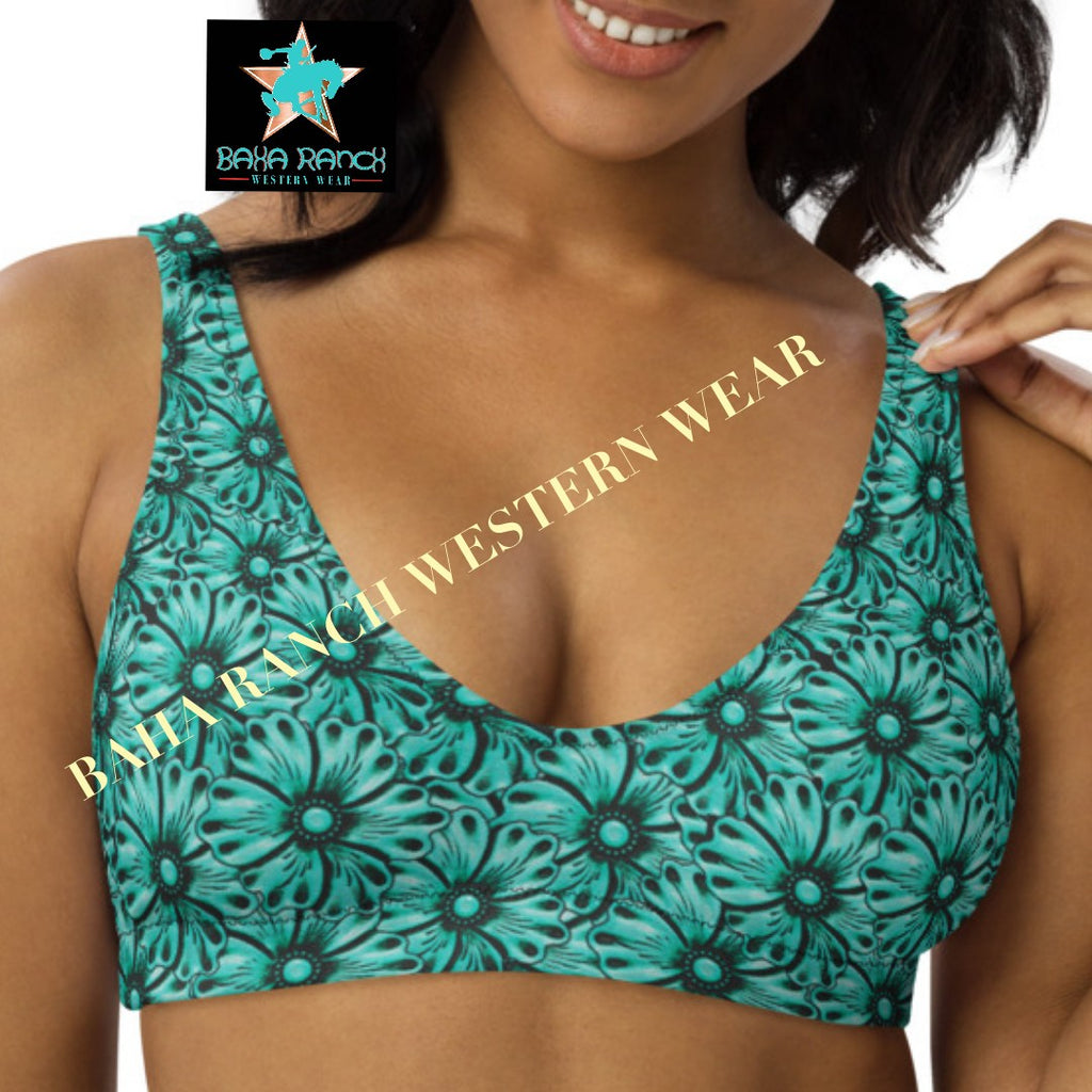Baha Ranch Yeehaw Turquoise Floral Leather Print Bikini Top