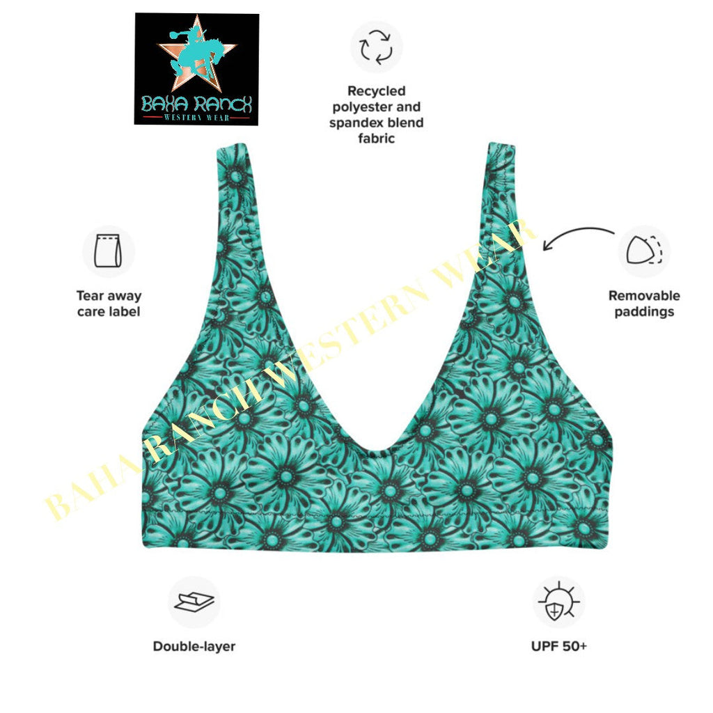 Baha Ranch Yeehaw Turquoise Floral Leather Print Bikini Top