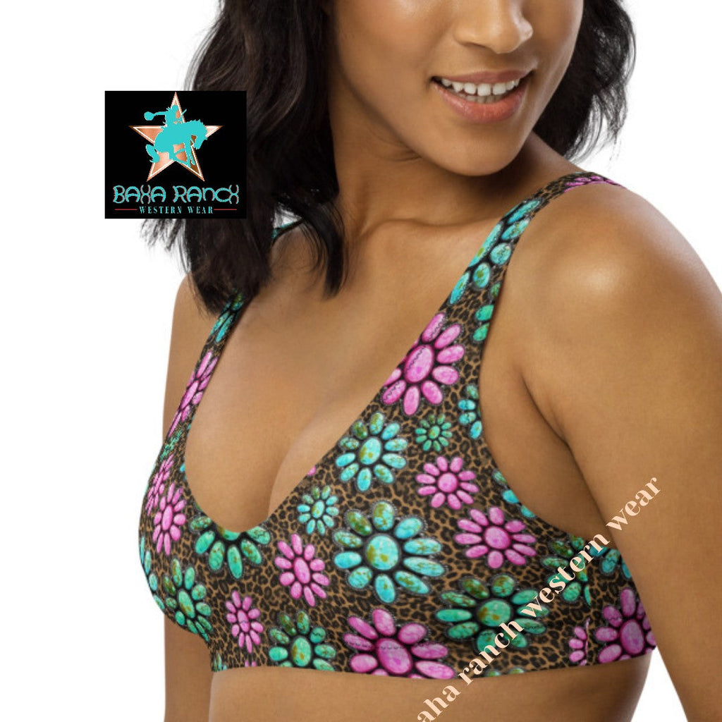 Baha Ranch Yeehaw Pink Turquoise Cowgirl Bikini Top