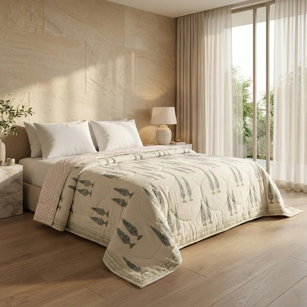 Cream & Rust Sage Floral Jaipur Indian Hand Block Print Quilted Comforter