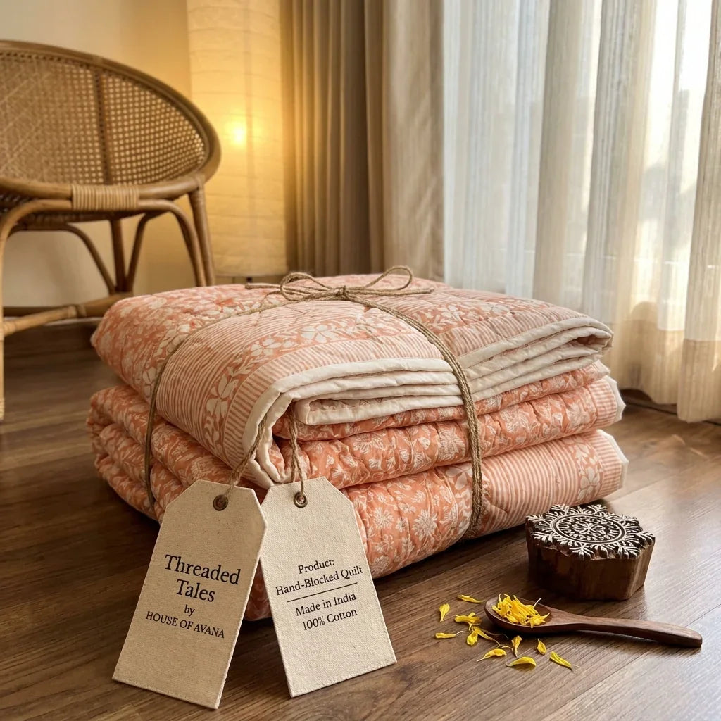 Peach & Cream Floral Jaipur Indian Hand Block Print Quilted Comforter