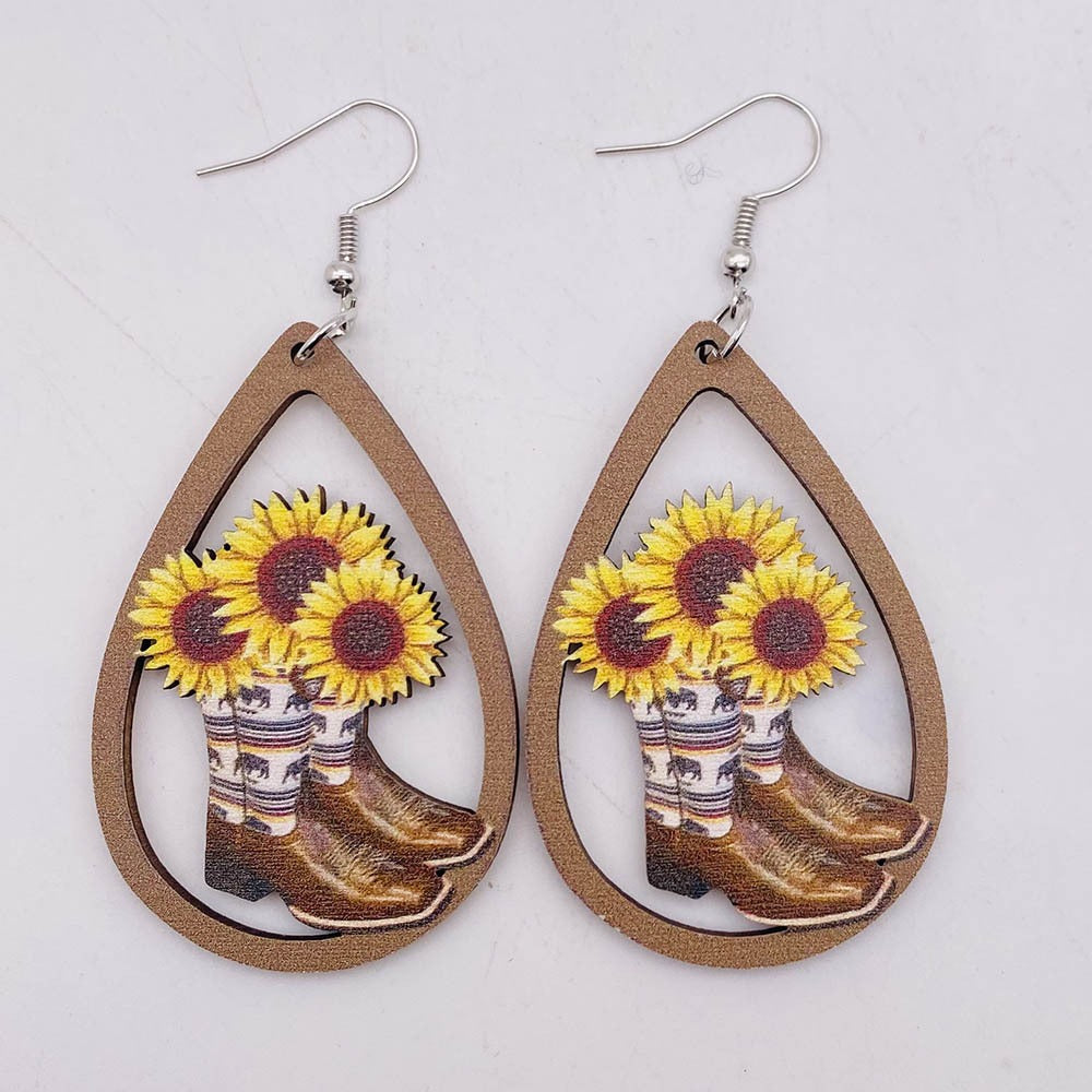 Western Cowboy Wooden Earrings Sunflower Cowhead Boots Pattern Hollow Earrings European and American Earrings