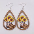 Western Cowboy Wooden Earrings Sunflower Cowhead Boots Pattern Hollow Earrings European and American Earrings