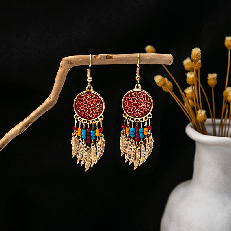 Boho Dream Catcher Feather Tassel Earrings