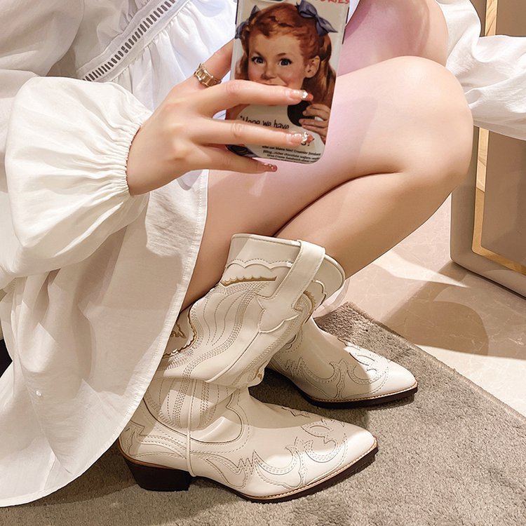 Autumn White Cowgirl Western Long Boots Women Chunky High Heels Pointed Toe Casual Cowboy Knight Mid Calf Boots Shoes Woman