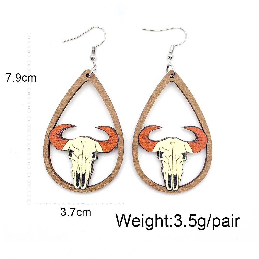 Western Cowboy Wooden Earrings Sunflower Cowhead Boots Pattern Hollow Earrings European and American Earrings