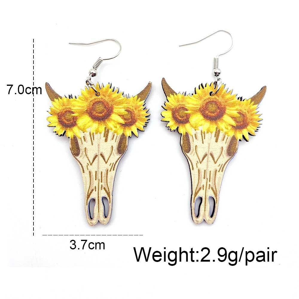 Western Cowboy Wooden Earrings Sunflower Cowhead Boots Pattern Hollow Earrings European and American Earrings