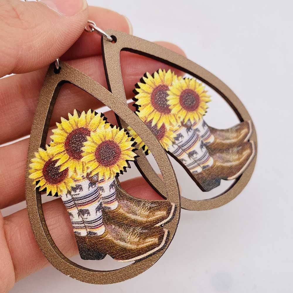 Western Cowboy Wooden Earrings Sunflower Cowhead Boots Pattern Hollow Earrings European and American Earrings