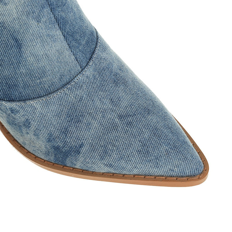 Fashion Denim Western Women Knee High  Boots Wedges High Heel Cowboy Boots Slip On Autumn Winter Shoes Big Size 34-43