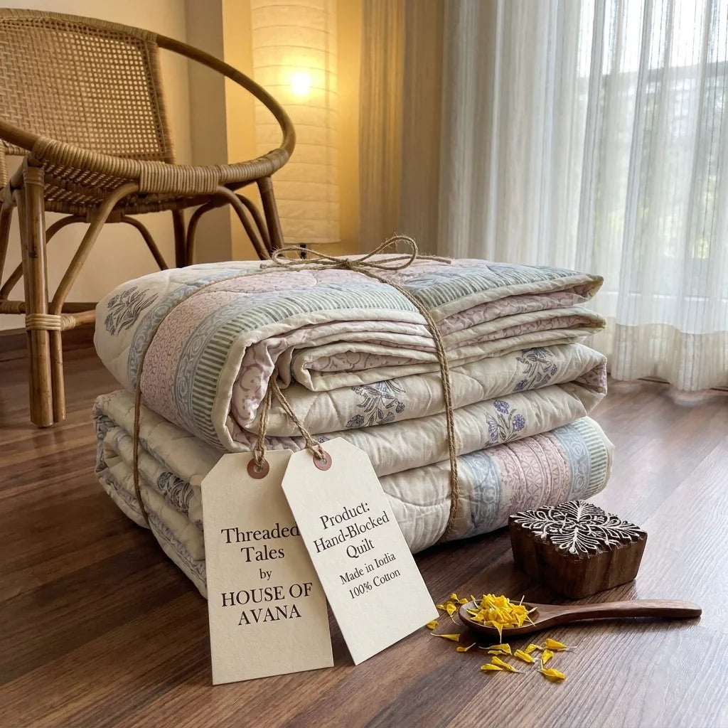 Cream & Burgundy Slate Floral Jaipur Indian Hand Block Print Quilted Comforter