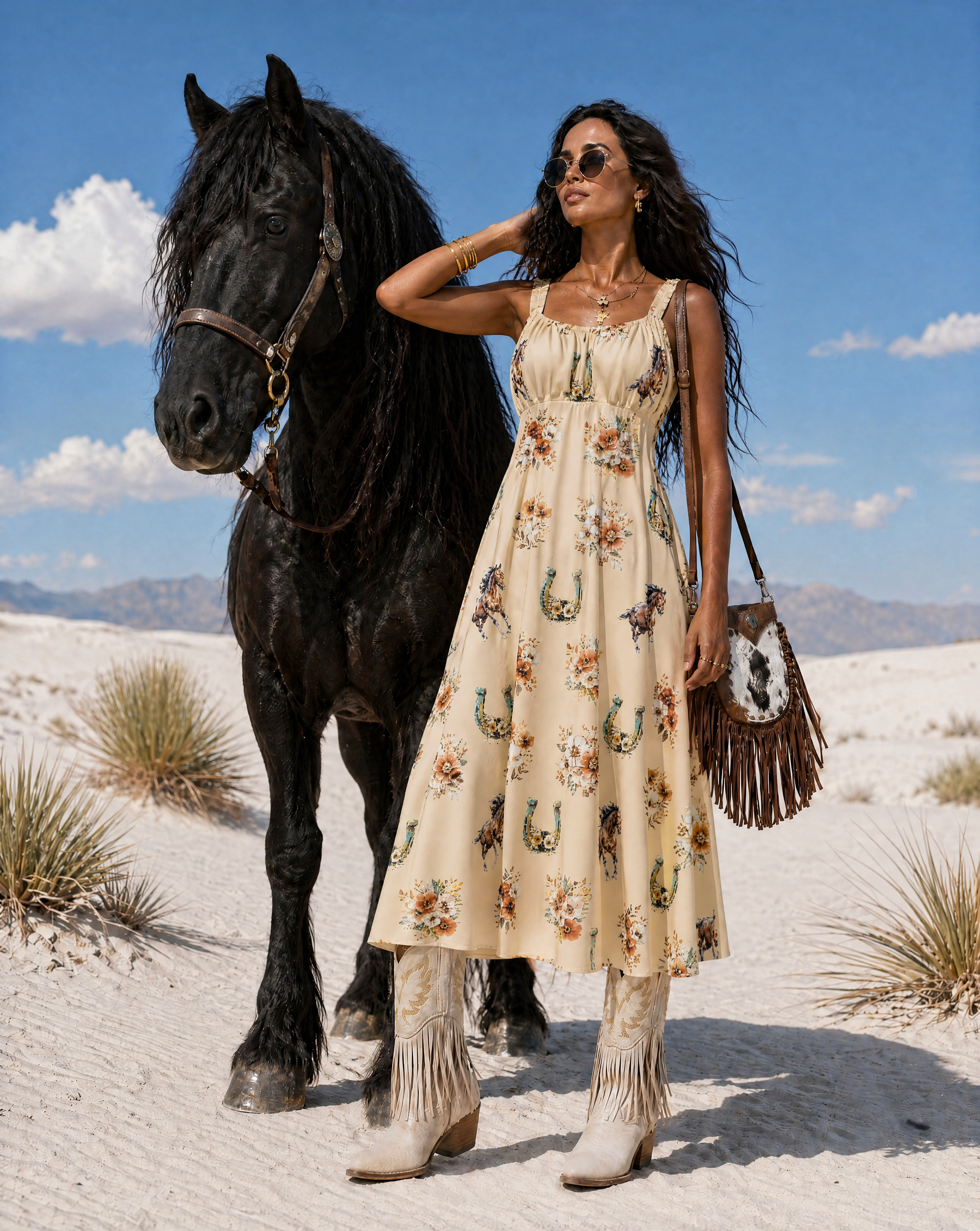 Baha Ranch Floral Horse Western Country Girl High Waist Sun Dress