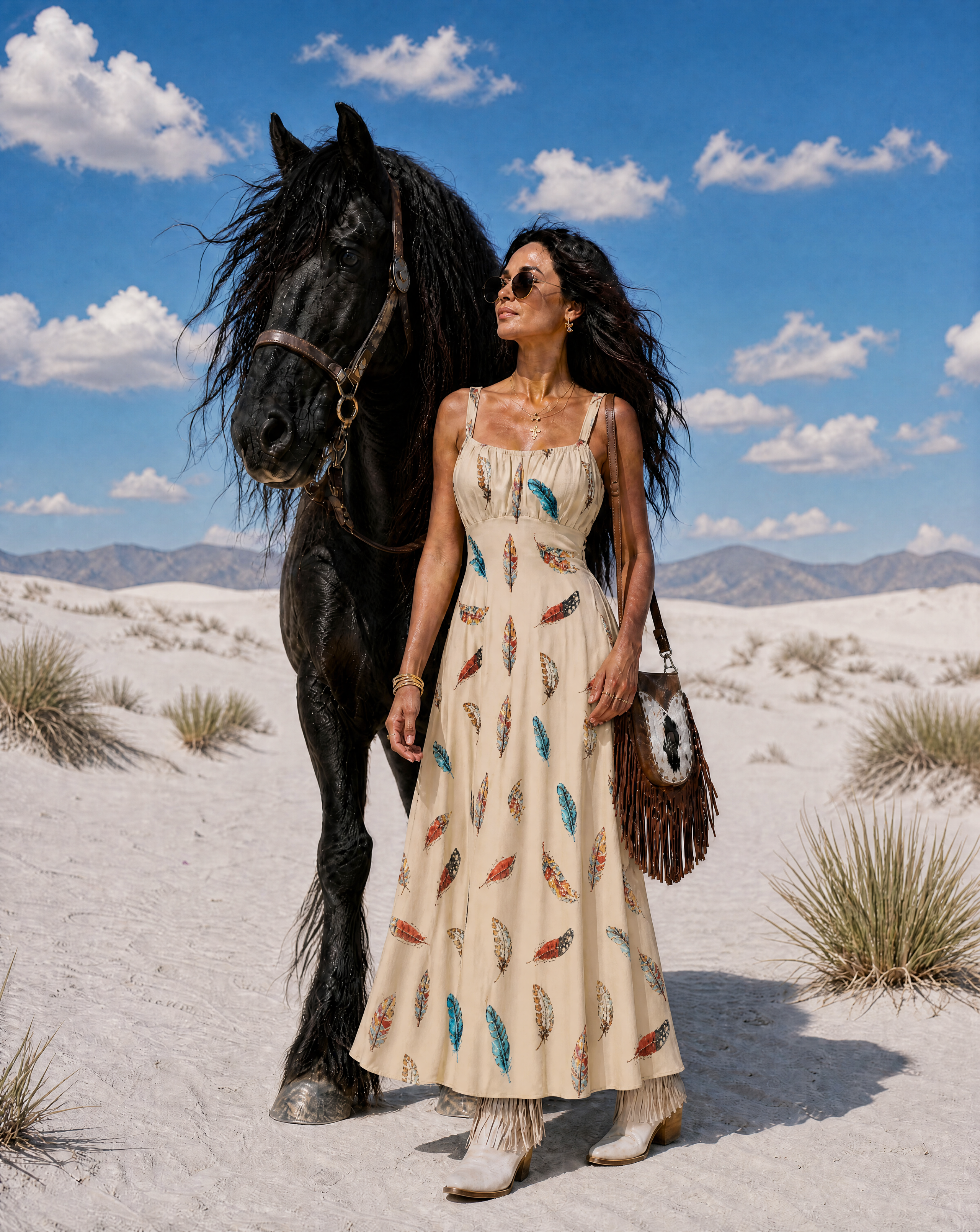 Baha Ranch Country Girl Feather Print High Waist Sun Dress