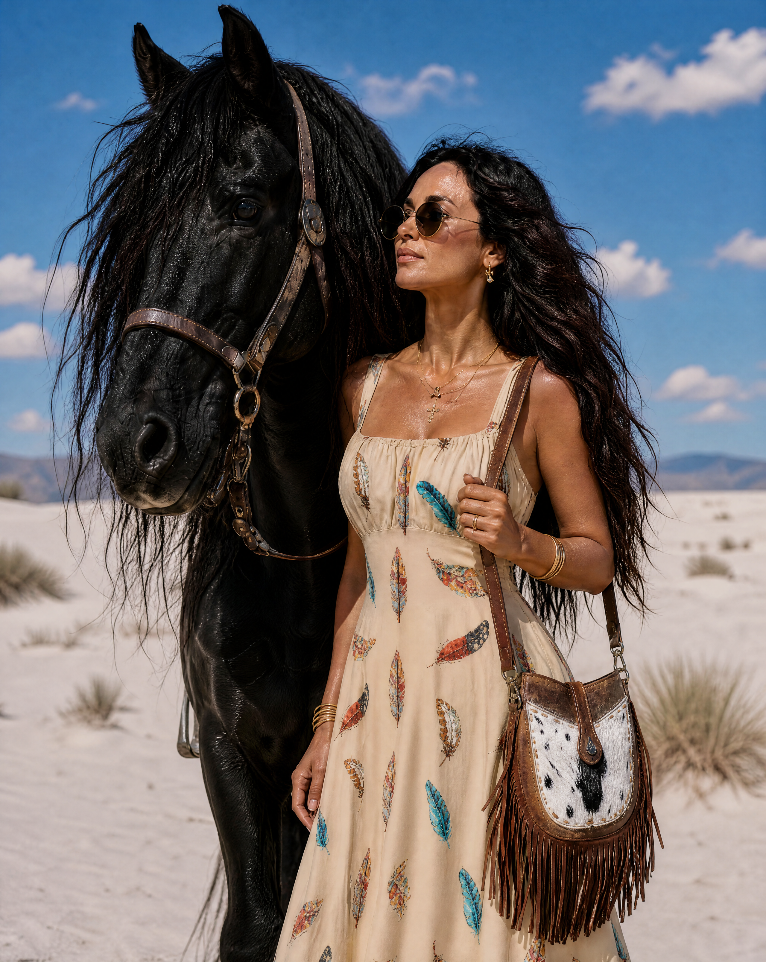 Baha Ranch Country Girl Feather Print High Waist Sun Dress