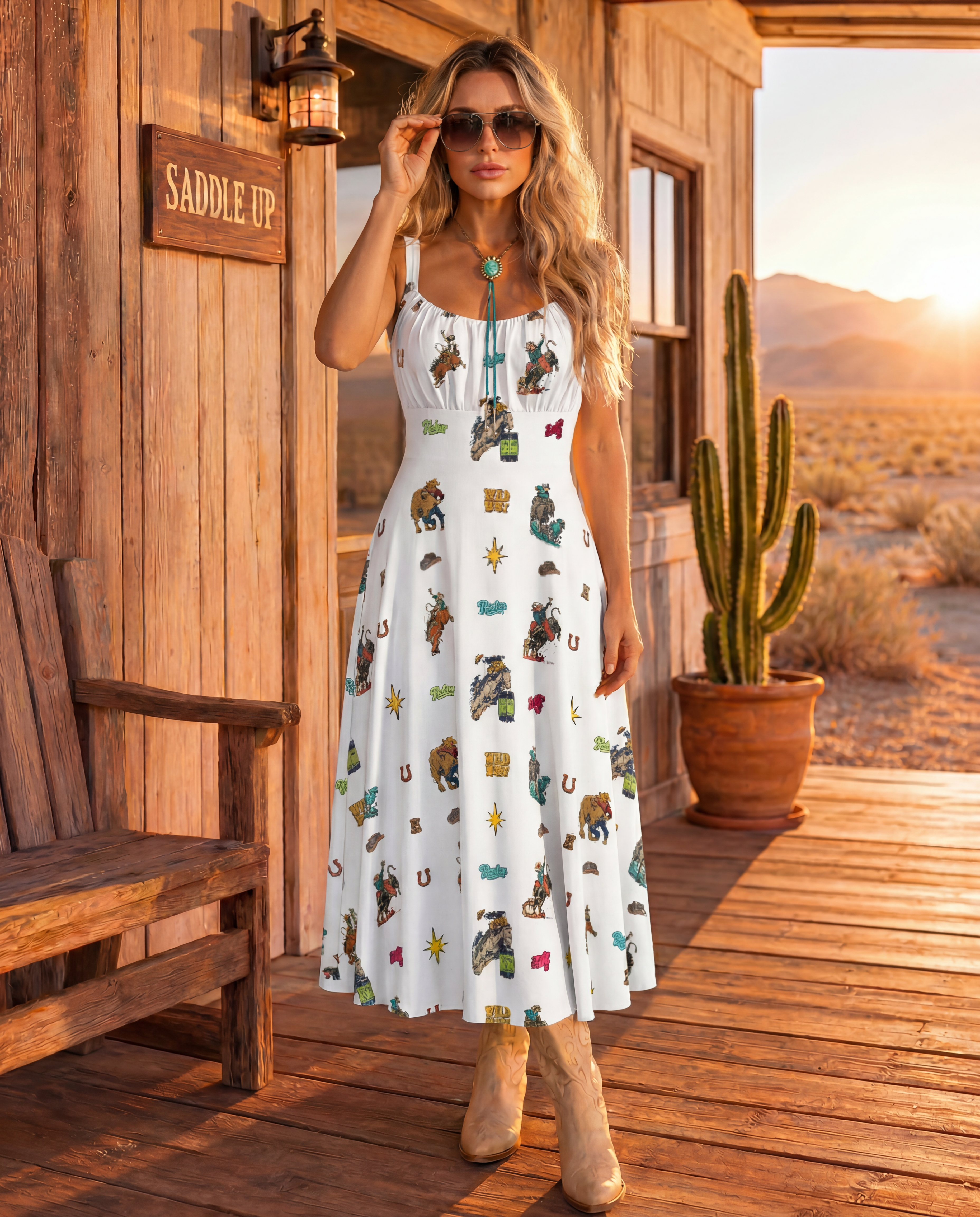 Baha Ranch The Last Roundup Western Rodeo Prairie Dress in White