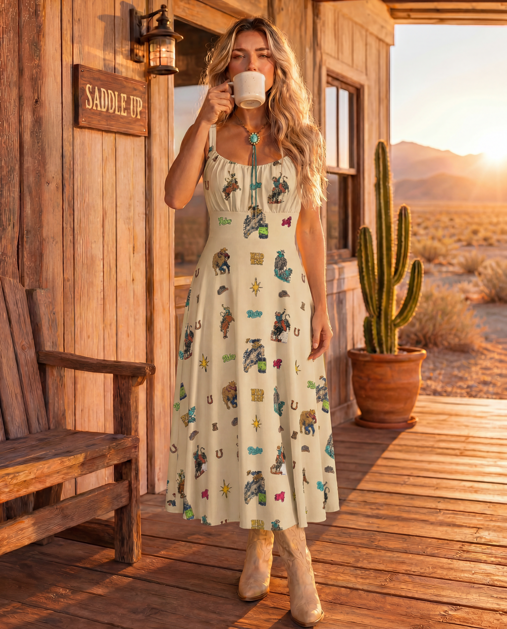 Baha Ranch The Last Roundup Western Rodeo Prairie Dress in Tan