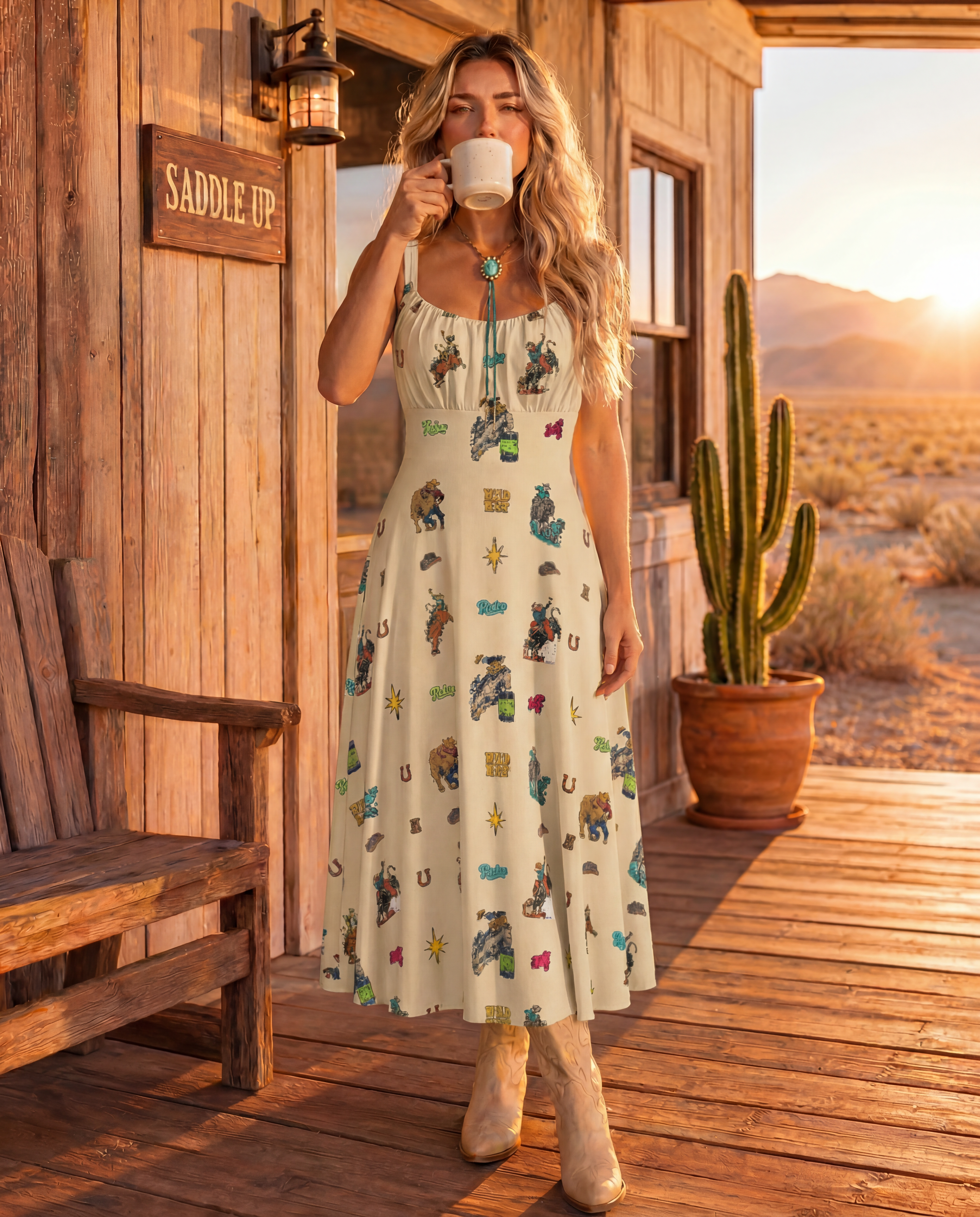 Baha Ranch The Last Roundup Western Rodeo Prairie Dress in Tan