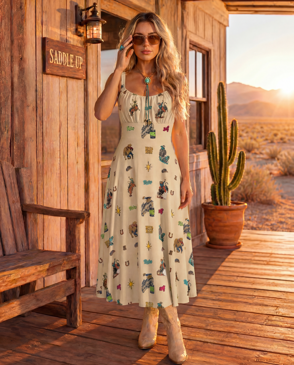 Baha Ranch The Last Roundup Western Rodeo Prairie Dress in Tan