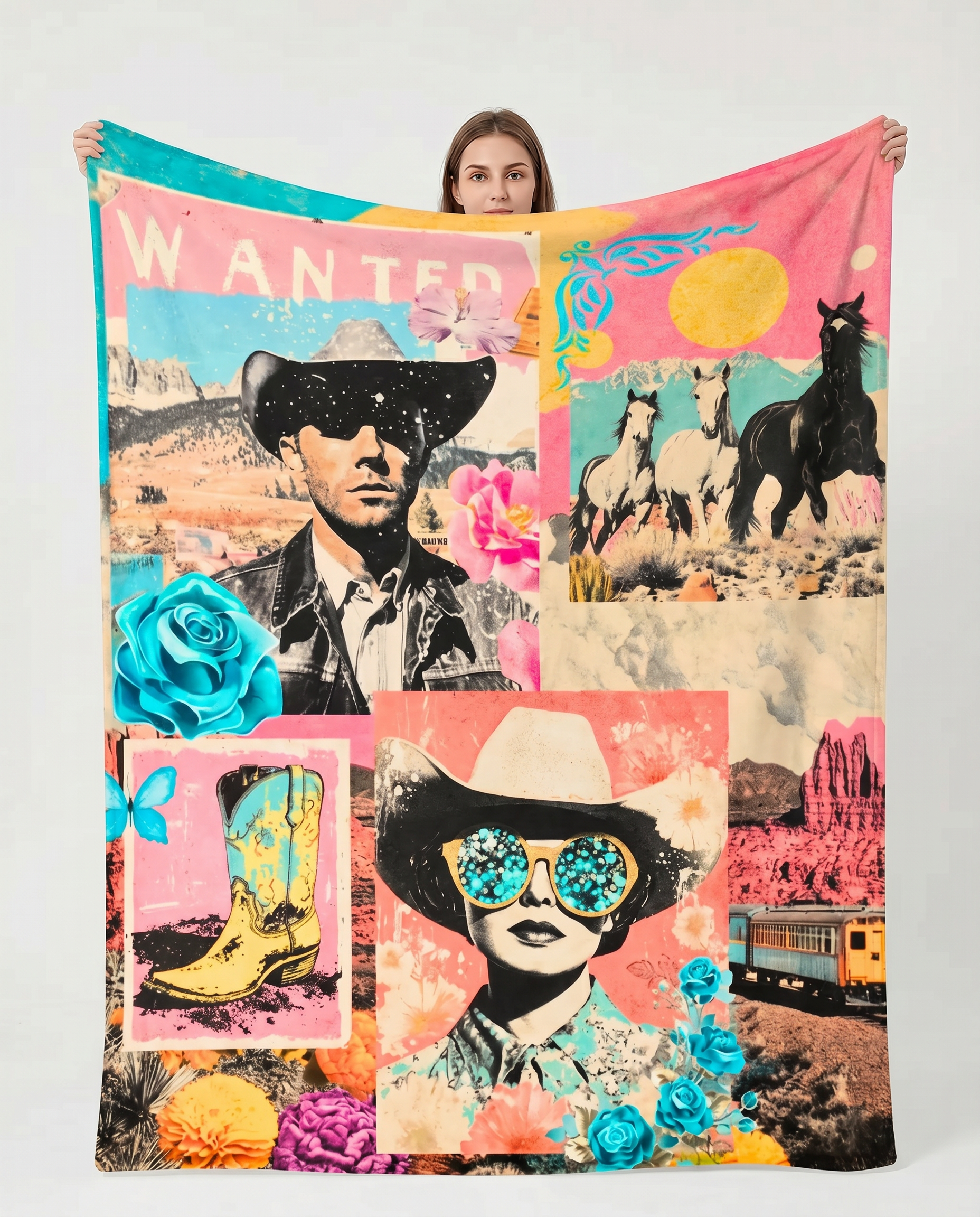 Baha Ranch Pop Western Collage Throw Blanket Ultra-Soft Micro Fleece Blanket 60" x 80" Made in America
