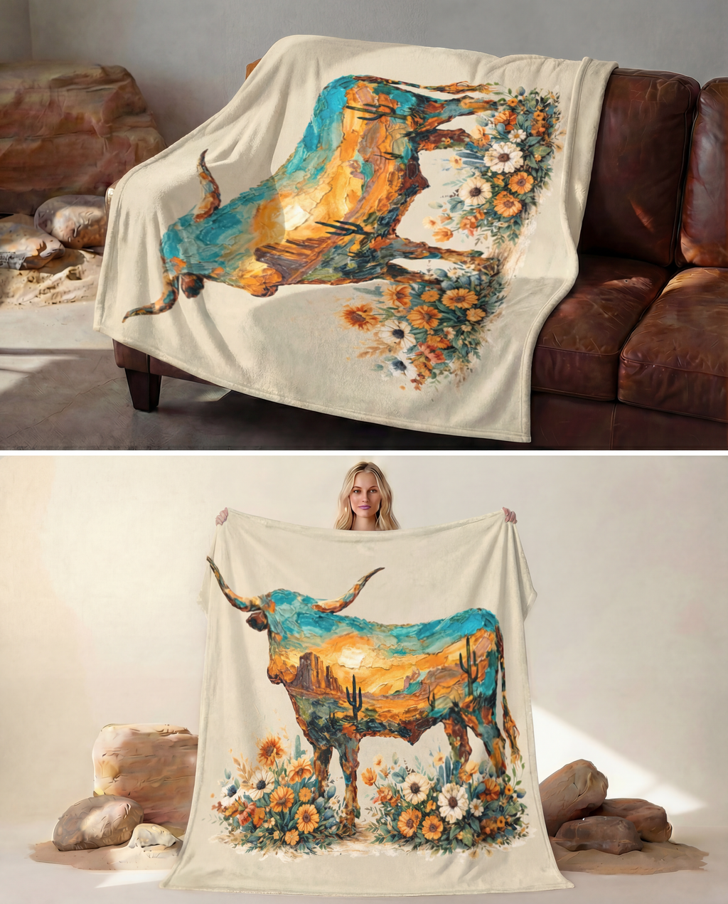 Baha Ranch Painted Longhorn Throw Blanket 60" x 80" Made in America