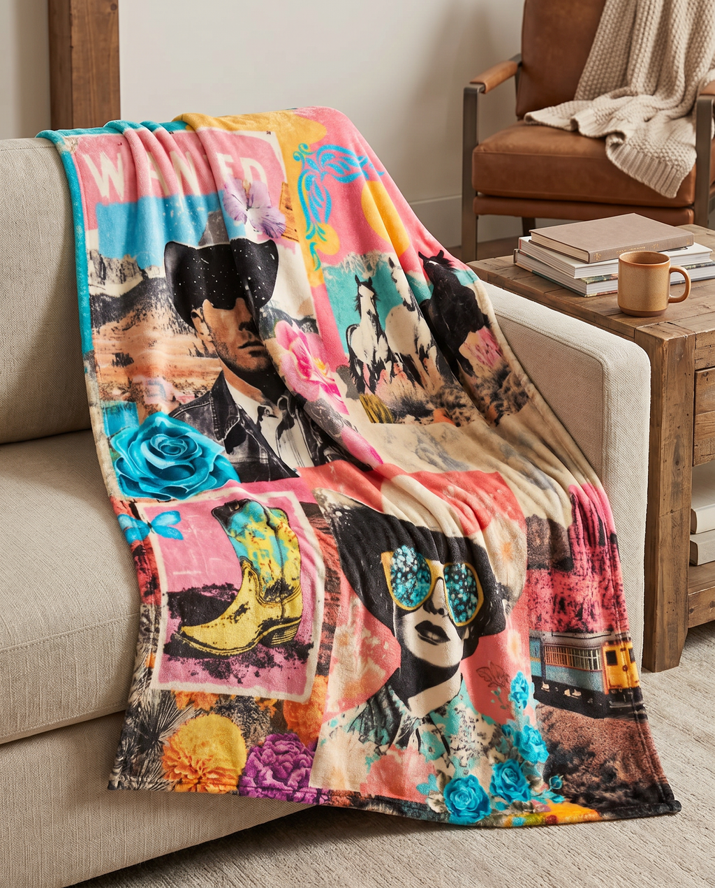 Baha Ranch Pop Western Collage Throw Blanket Ultra-Soft Micro Fleece Blanket 60" x 80" Made in America