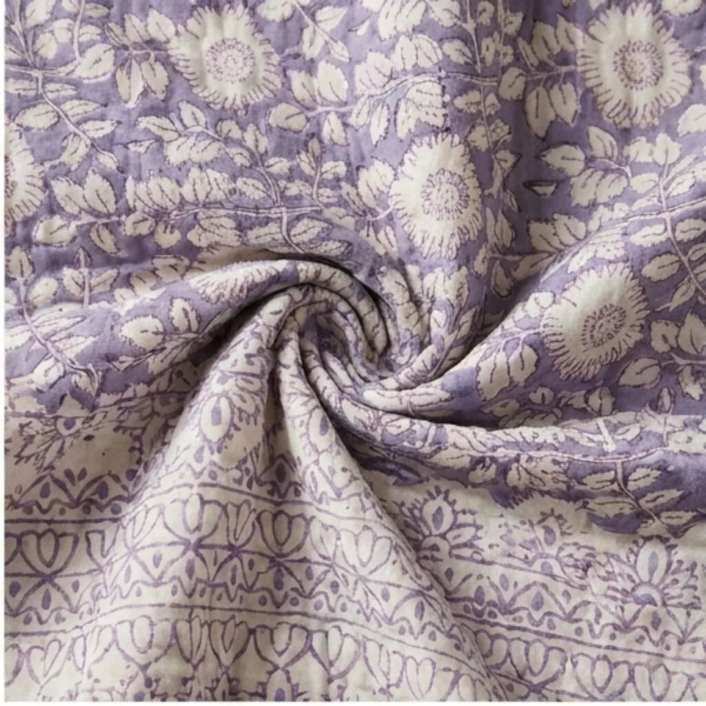 Cream & Sage Green Floral Jaipur Indian Hand Block Print Quilted Comforter
