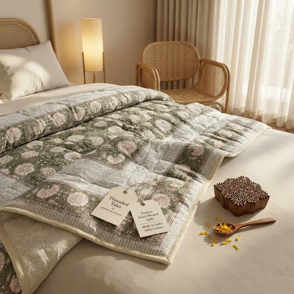 Cream & Golden Yellow Rust Floral Jaipur Indian Hand Block Print Quilted Comforter