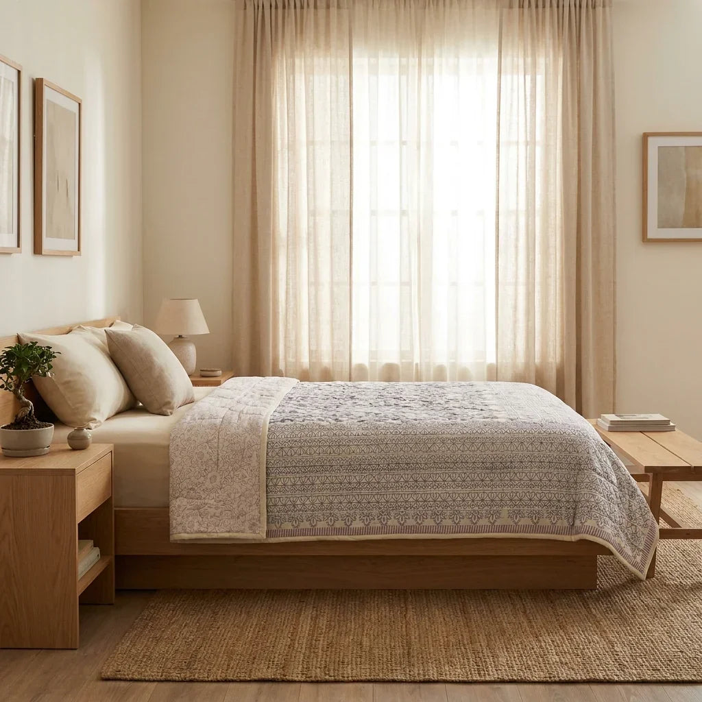 Cream & Sage Green Floral Jaipur Indian Hand Block Print Quilted Comforter