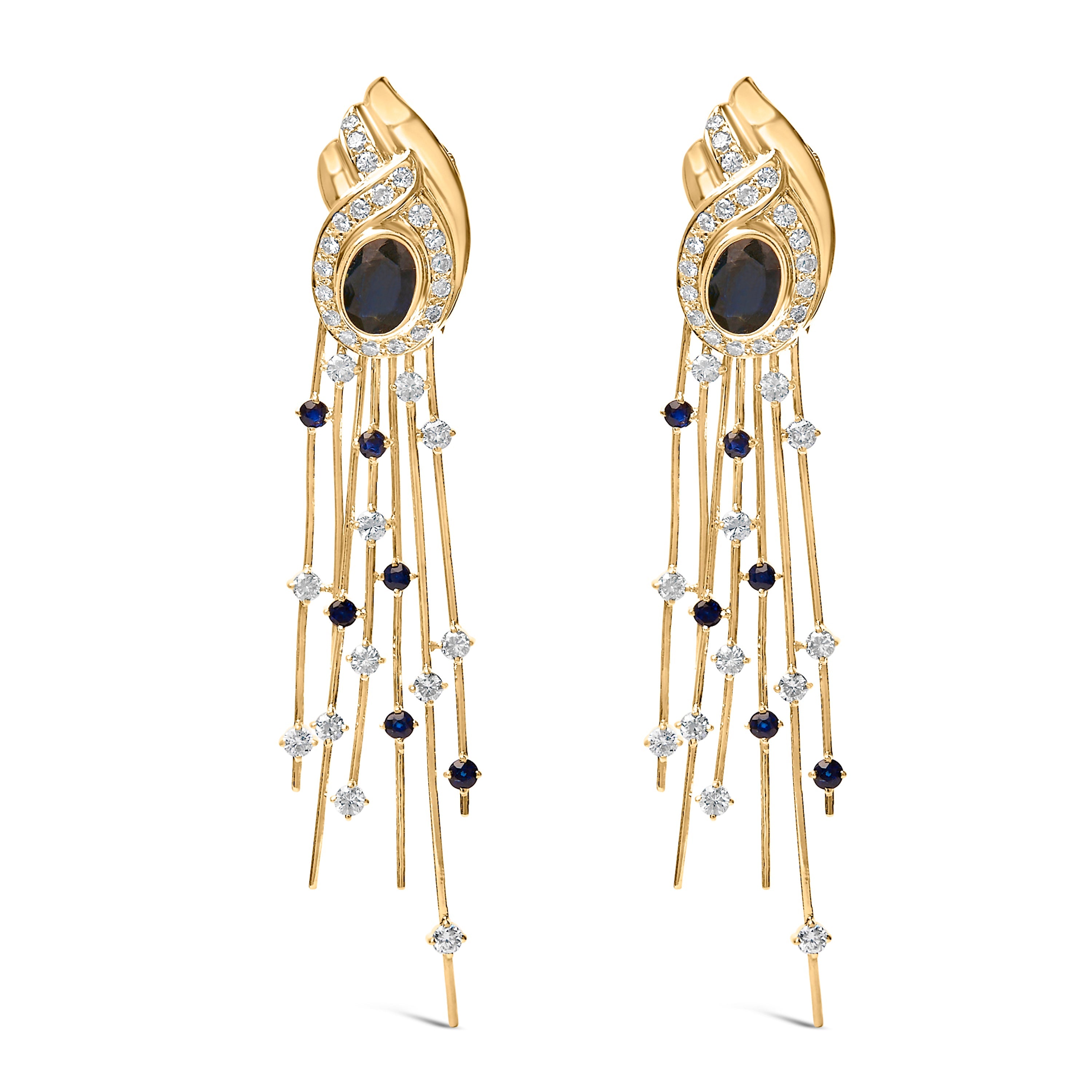 14K Yellow Gold 1.0 Cttw Diamond and Blue Sapphire Chandelier Earrings