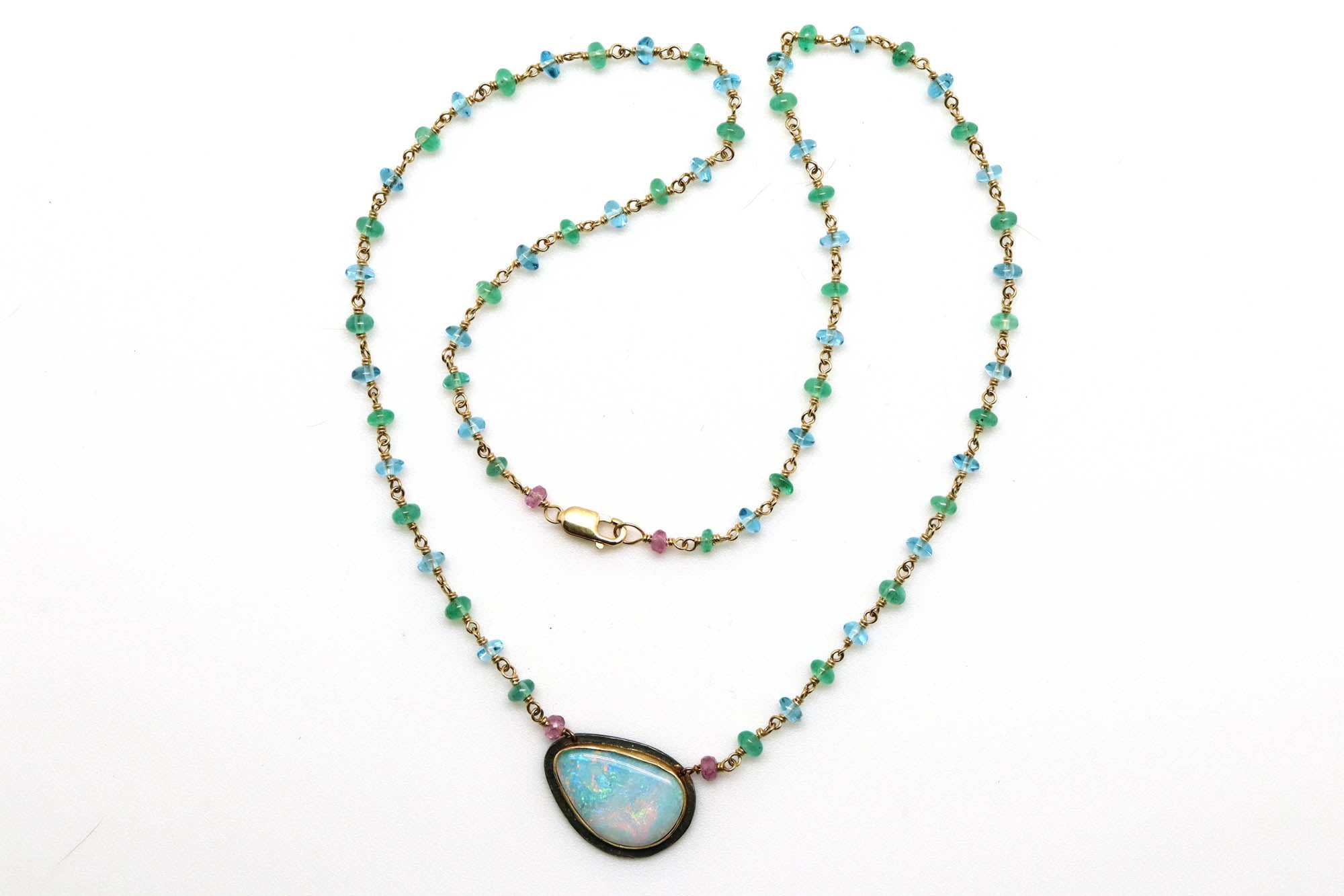 Necklace - Sterling, Australian Opal, Pink Sapphire, Emerald, Blue Topaz