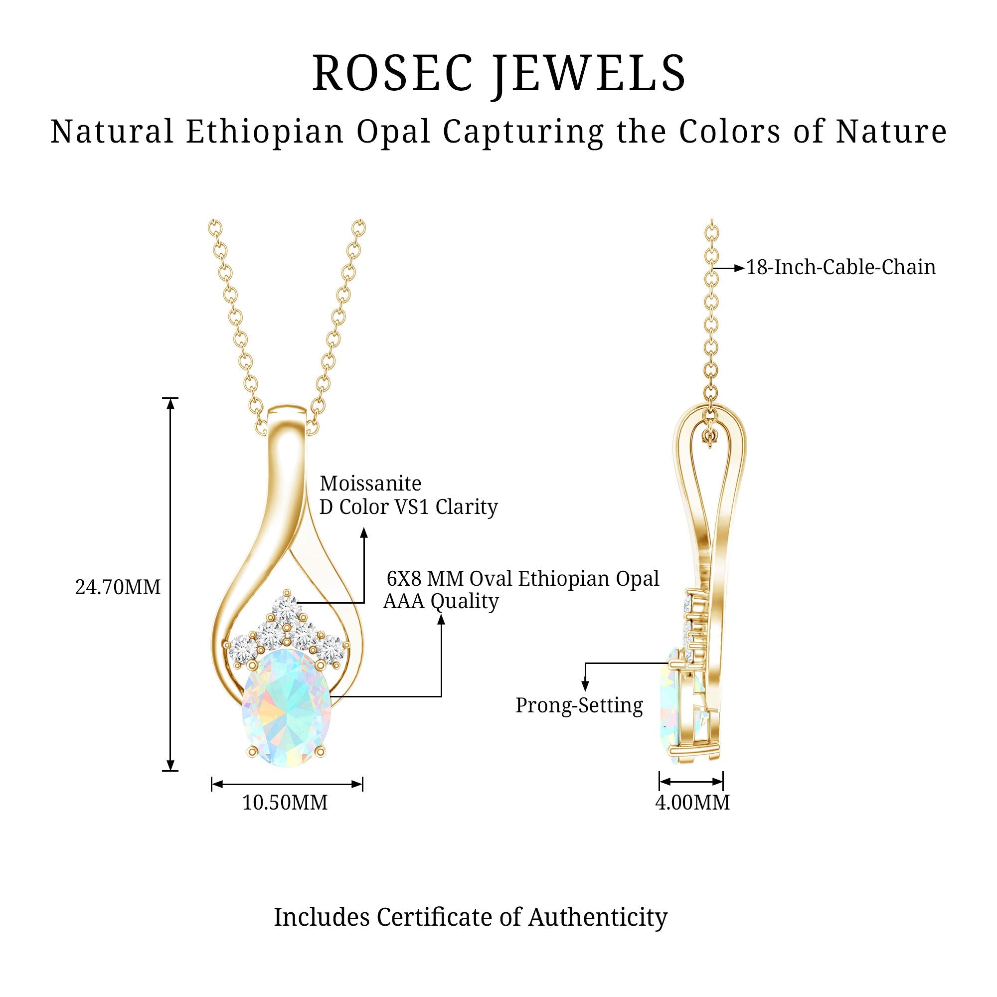 Natural Oval Ethiopian Opal and Moissanite Teardrop Necklace With Chain