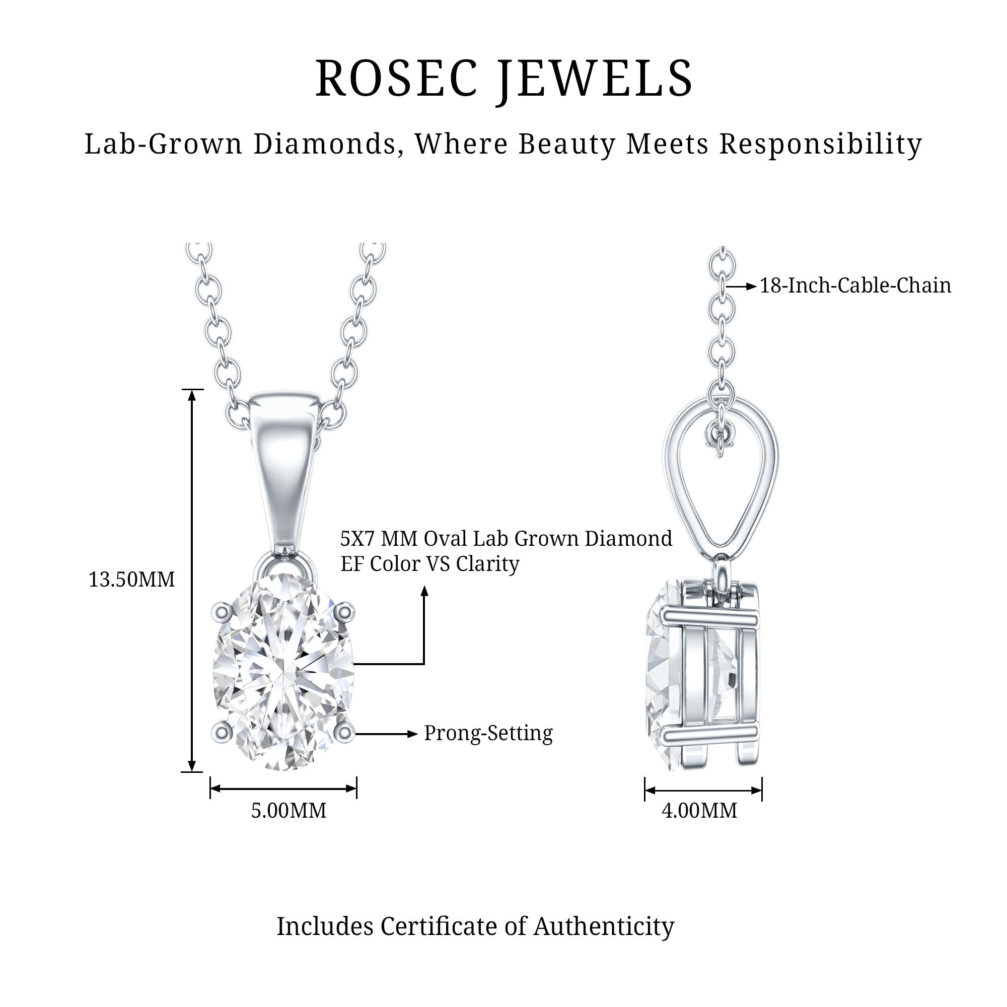 0.75 Carat Oval Lab Grown Diamond Solitaire Necklace with Silver Chain