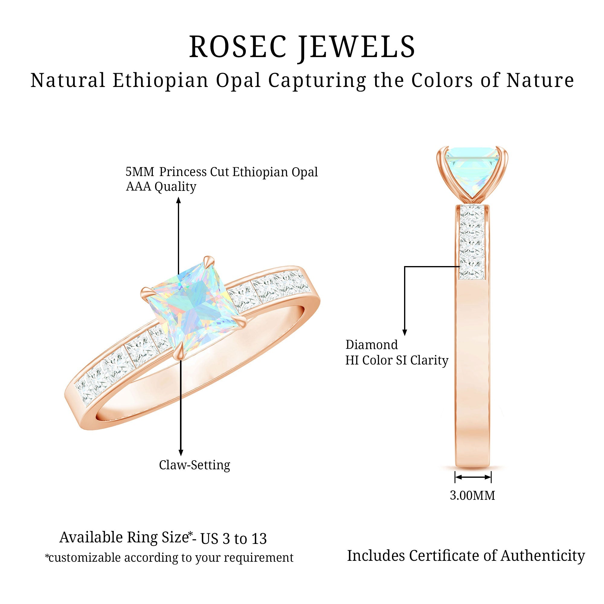 Certified Real Ethiopian Opal Princess Cut Engagement Ring with Diamond