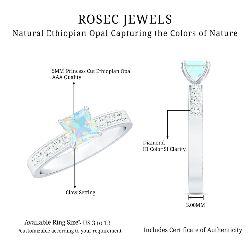 Certified Real Ethiopian Opal Princess Cut Engagement Ring with Diamond