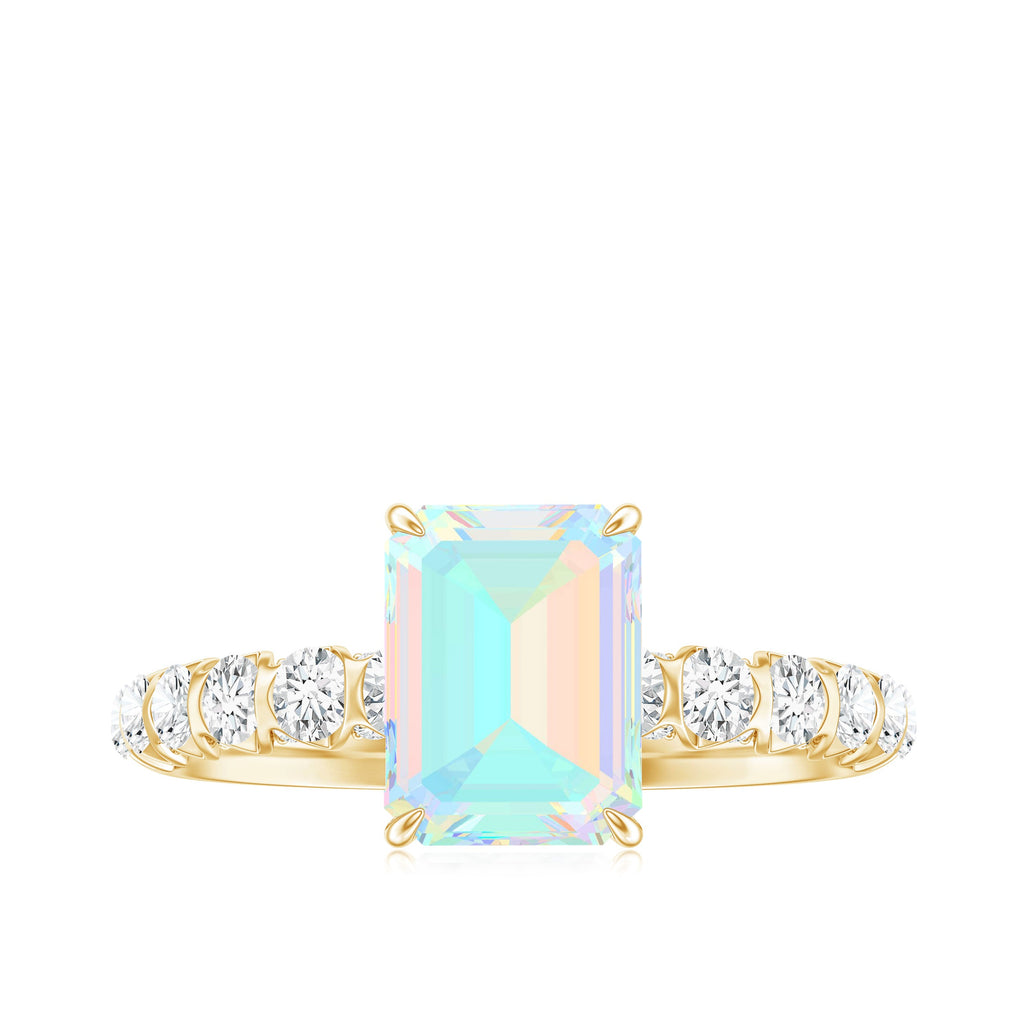 Genuine Ethiopian Opal Emerald Cut Engagement Ring with Diamond Side Stones
