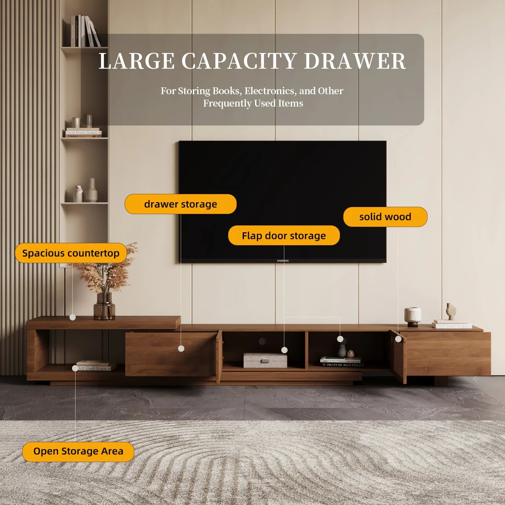 Retractable Grid TV Cabinet Walnut 198.12-261.62 cm Extension Modern Living Room Furniture with 2 Drawers 2 Storage, Home Entertainment Unit, Media Console, Stylish Cabinet, Sleek Furniture, Durable Hardwood, Sturdy Build, Sp